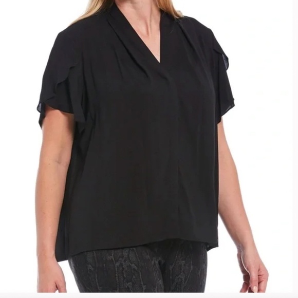 Calvin Klein V-Neck Tulip Short Sleeve Black Blouse - Picture 1 of 9